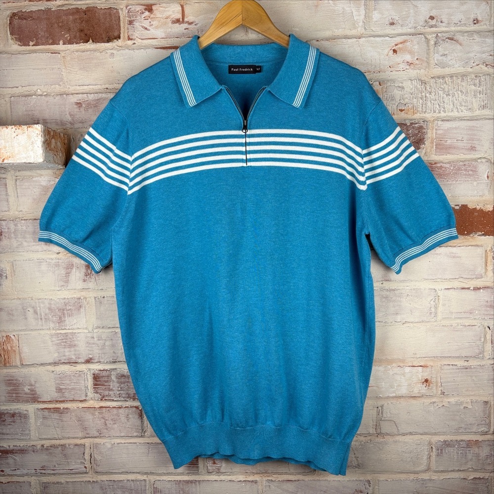 Paul Fredrick Blue Striped Quarter Zip Knit Polo Shirt XLT Cotton Retro Golf